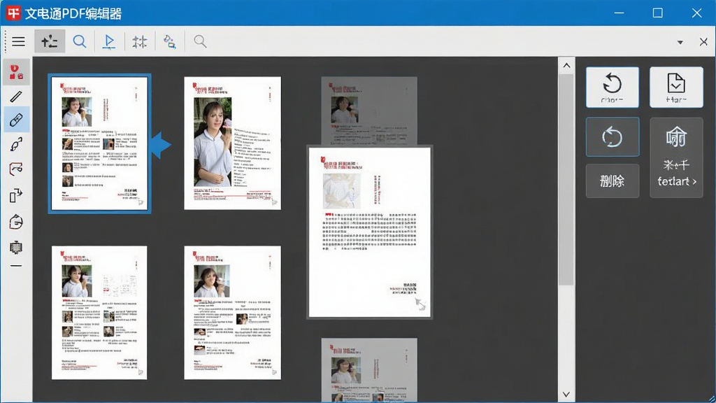 һ��չʾ�ĵ�ͨPDF�༭��ҳ��������ܵ�ͼƬ�������а������PDFҳ������ͼ��ҳ�汻�϶��������򣬽�����ʾ��ת��ɾ������ȡ�Ȳ�����ť���������ơ��ĵ�ͨPDF�༭������ʾ�ڱ����������Ϊ������ʾ��ͼ��ϸ�����������ʸɾ����޶���Ԫ��