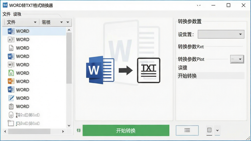 一张展示WORD转TXT格式转换器软件界面的产品截图,主体为软件主窗口,布局简洁明了,左侧为文件列表区,右侧为转换参数设置区,底部有“开始转换”按钮,整体采用浅色商务风格,细节上包含Word图标与TXT图标之间的箭头连接示意,画质清晰,干净整洁,无多余元素