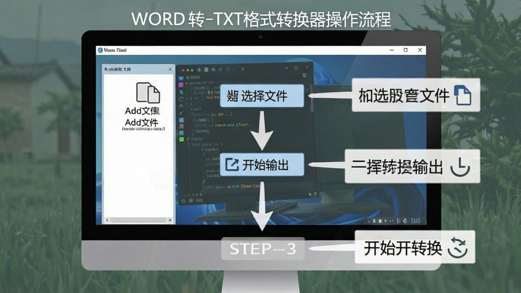 一张展示WORD转TXT格式转换器操作流程的步骤示意图,主体为电脑屏幕上的软件操作界面,布局为从上到下的流程式排版,风格为简洁教程风,细节上包含添加文件、选择输出、开始转换三个步骤标注,画质清晰,干净,无多余元素