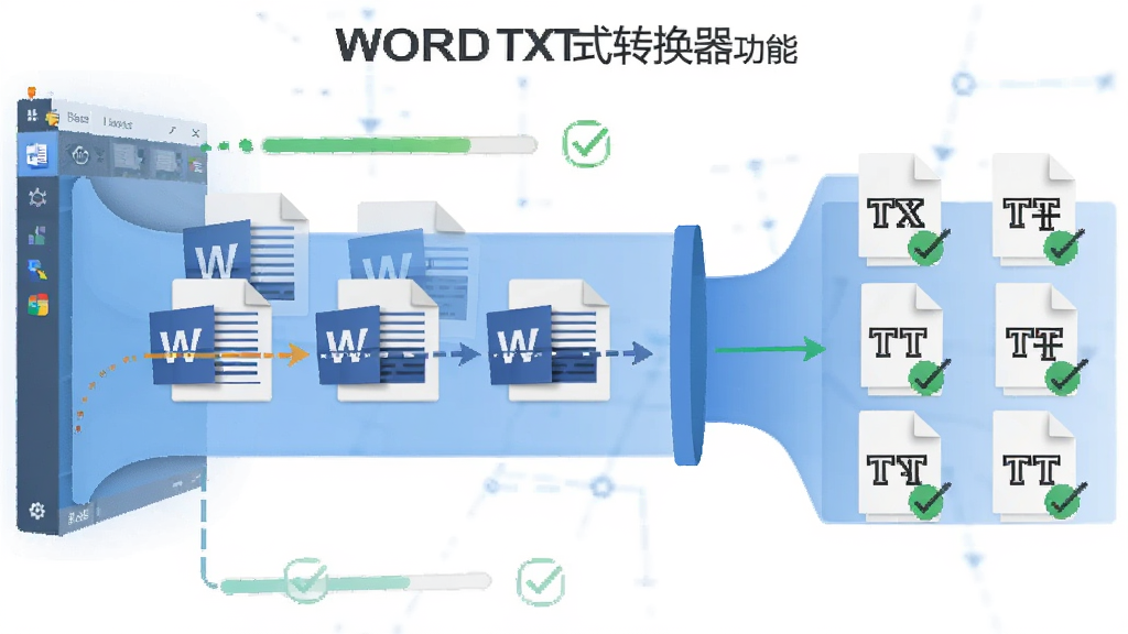 一张展示WORD转TXT格式转换器批量转换功能的示意图,主体为多个Word文档图标排列进入软件处理管道,输出为多个TXT文档图标,布局为左右流向式,风格为扁平化科技感,细节上带有进度条与勾选标记,画质清晰,干净,无多余元素