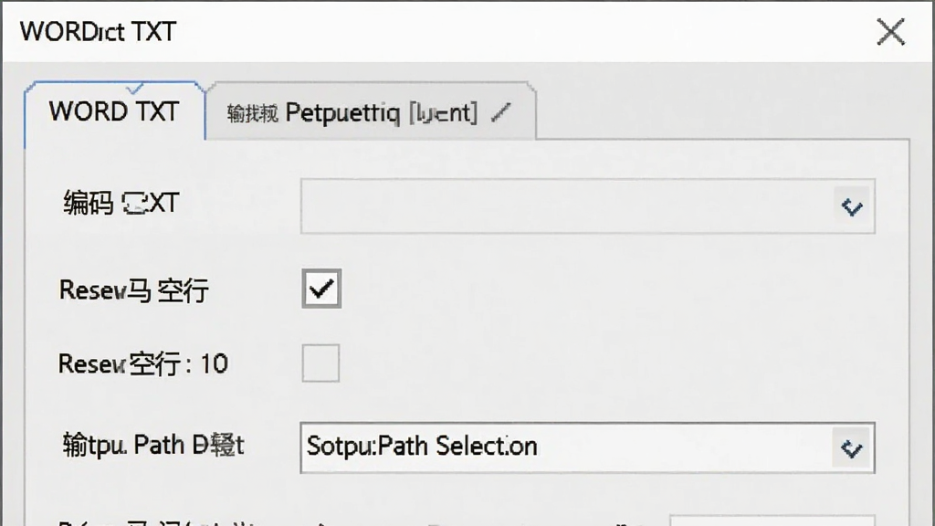 一张展示WORD转TXT格式转换器输出设置面板的特写图,主体为软件设置对话框,布局为纵向选项卡排列,风格为简约办公风,细节上包含编码下拉菜单、保留空行复选框、输出路径选择框等控件,画质清晰,干净,无多余元素