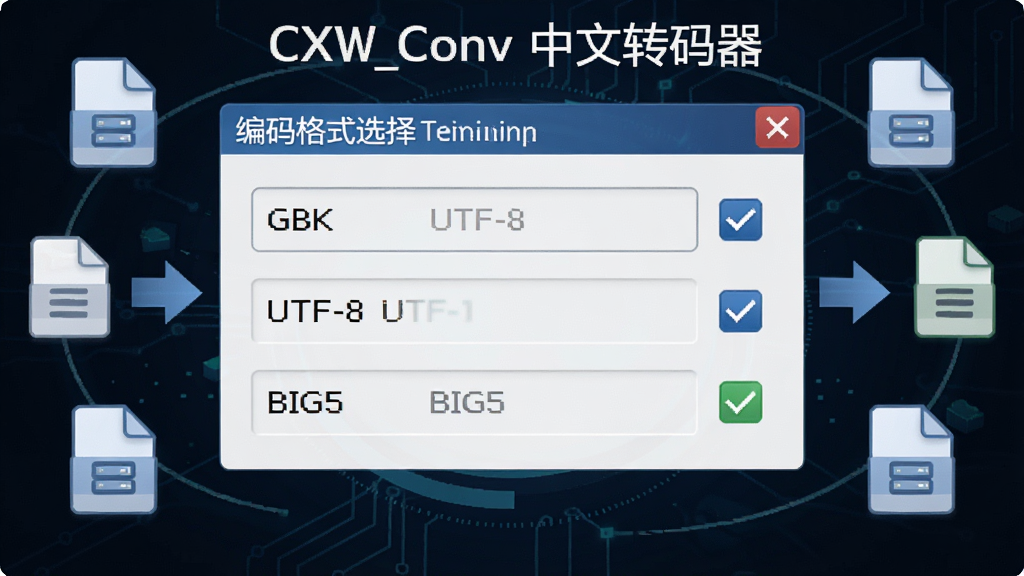 ������CXW_Conv ����ת�������Ĺ���չʾͼ����������Ϊ�����ʽѡ����壬��ʾ��GBK����UTF-8����BIG5������������Χ�����ļ�ͼ����ת����ͷ�����������������Ƽ��У�ϸ�ڰ������ֱ�ǩ�͹�ѡ״̬�����ʸɾ����޶���Ԫ��