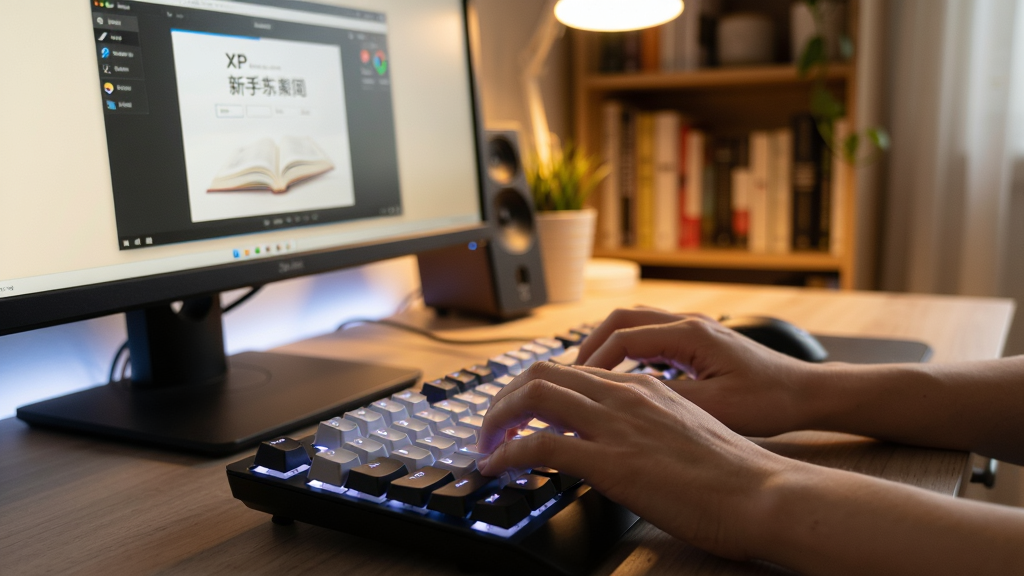 һ��չʾָ����ϰXP������ϰ������ͼƬ����������Ϊ������Ļ��ʾ������ϰ���棬��Ļǰ��һ˫��ȷ�ڷŵ����ڼ����ϣ���ָ��Ӧ��׼��λ�����ֲ��ò��ӽǶȣ�����Ϊ��ܰ�鷿���������Ϊдʵ������ϸ�ڰ�����ָ����Ȼ���������̵ı���Ч������Ļ����͹��ߡ����ʸ��壬����ɾ����޶���Ԫ�ء�