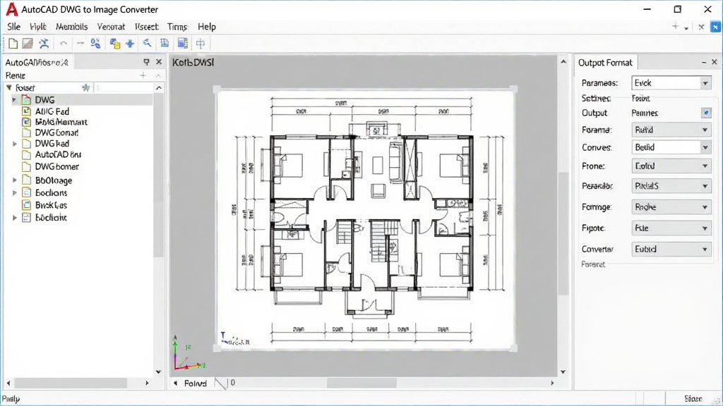 ����������չʾ AutoCAD DWG to Image Converter �Ĵ��ڲ��֣����ΪDWG�ļ��б������Ҳ�Ϊ�����ʽ�����������壬�м�ΪԤ��������ʾһ�Ž���ƽ��ͼ��������Ϊ��ˬ��ǳ��ɫ�����������棬�����������ɾ��޶���Ԫ��