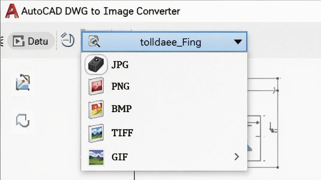 AutoCAD DWG to Image Converter �������ʽѡ�������д����Ļ����ʾһ�������˵����˵����г� JPG��PNG��BMP��TIFF��GIF �ȶ���ͼƬ��ʽѡ�ÿ��ѡ���Ա���Сͼ���ʶ��������Ϊ�ִ���ƽ����ƣ������������ɾ��޶���Ԫ��