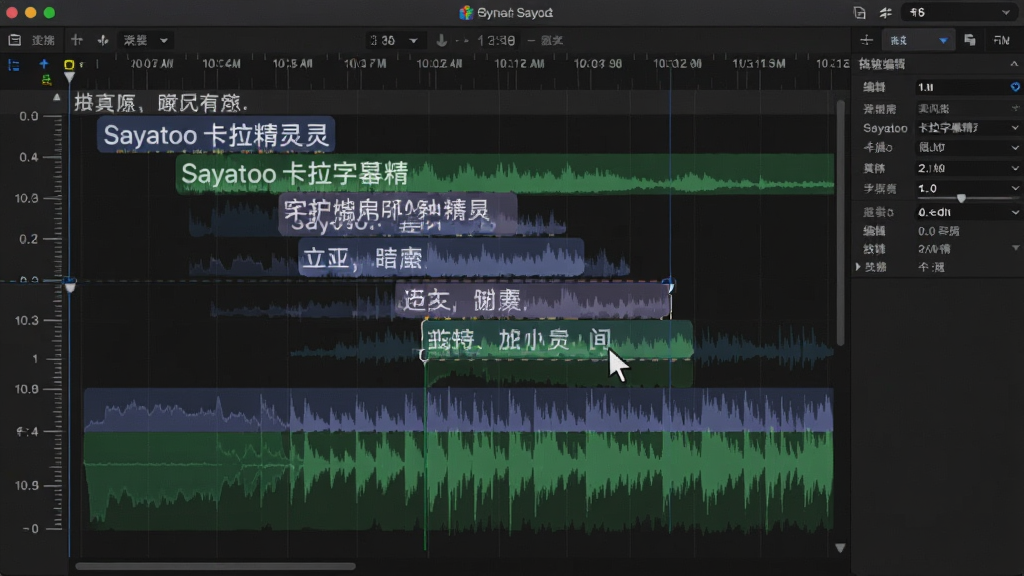 Sayatoo卡拉字幕精灵时间轴编辑界面,波形图上方排列着歌词块,时间刻度清晰,鼠标正在拖动歌词边缘调整时长,风格为软件功能展示图,细节包括波形、标尺、属性栏,画质清晰,布局整洁,无多余元素
