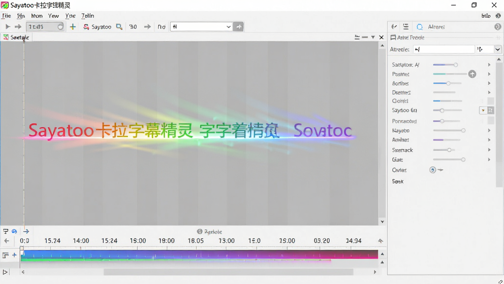 Sayatoo卡拉字幕精灵软件界面中展示逐字着色功能,歌词文字正在从左到右变色,带有扫光特效,画面中有时间轴和属性面板,风格为软件操作截图,细节清晰,布局合理,画质干净,无多余元素
