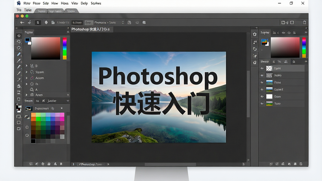 一张简洁明亮的电脑桌面场景,画面中央显示Photoshop快速入门软件主界面,左侧是工具栏面板,右侧是图层面板,中间画布展示正在编辑的风景照片,界面文字使用中文标注“Photoshop快速入门”,整体布局清晰整齐,风格为现代扁平化UI设计,细节包含菜单栏、选项栏、色彩面板等元素,画质高清,画面干净,无多余元素