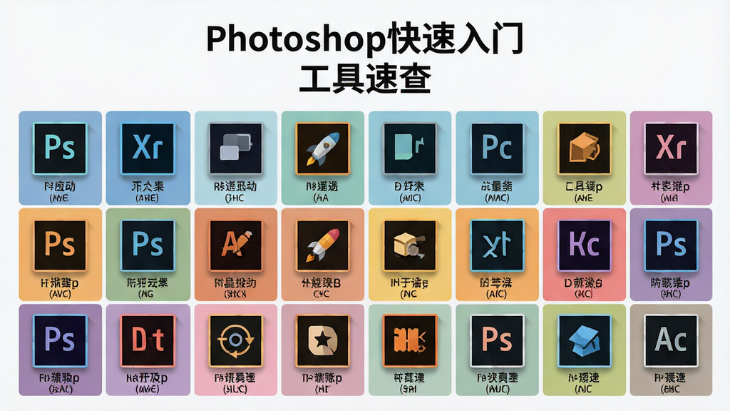 一张信息图表风格的工具速查手册展示图,画面以网格形式排列Photoshop常用工具图标,每个图标下方标注中文名称和快捷键,画面顶部居中写着“Photoshop快速入门 工具速查”,风格为清爽的扁平化信息图设计,细节包含图标阴影和分类色块,画质高清,画面干净,无多余元素