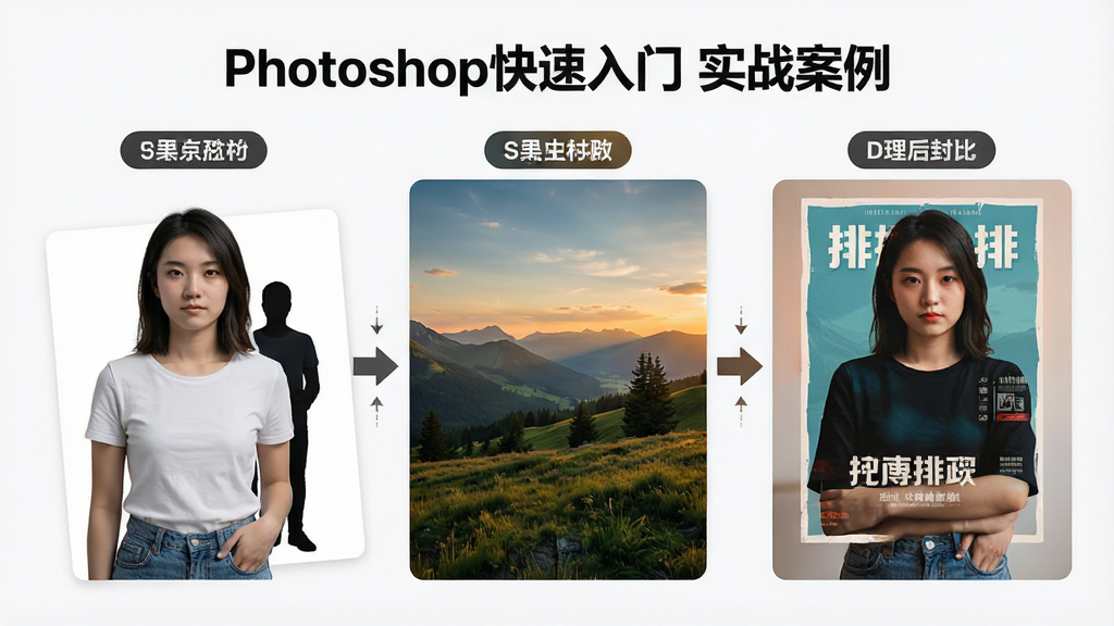 一张展示多张图片处理前后对比的合成场景图,左侧是原图右侧是处理后效果,画面中包含人物抠图换背景、风景调色、海报排版三个案例并排展示,画面顶部居中写着“Photoshop快速入门 实战案例”,风格为简洁现代的UI展示风,细节包含对比箭头和案例标签,画质高清,画面干净,无多余元素