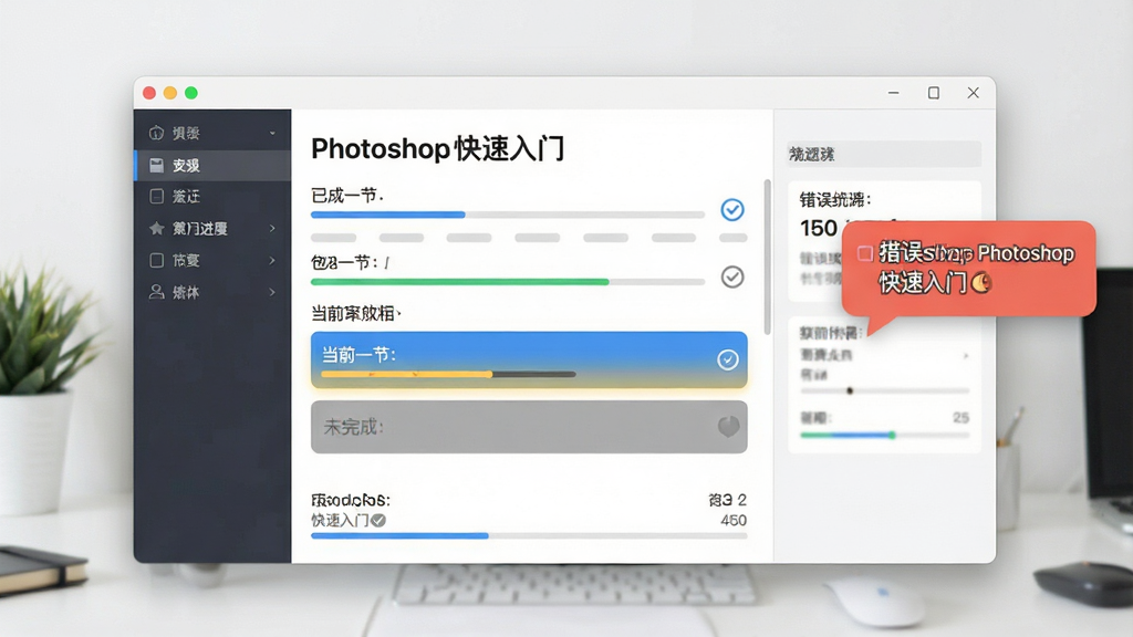 一张展示学习进度记录界面的场景图,画面中央是“Photoshop快速入门”软件的学习进度面板,显示已完成章节打勾、当前章节高亮、未完成章节灰色,右侧有错误提示气泡,布局为左右分栏式,风格为现代简约的软件界面风,细节包含进度条和统计数字,画质高清,画面干净,无多余元素
