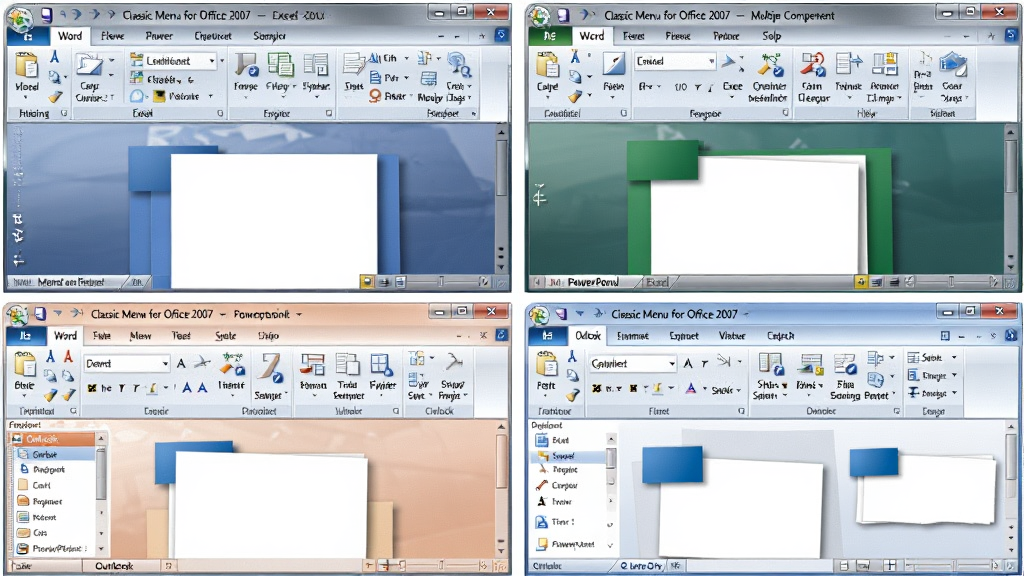 һ��չʾ Classic Menu for Office 2007 ����������Ե�ʾ��ͼ�������Ϊ�ĸ�����ֱ�չʾ Word��Excel��PowerPoint��Outlook ���������ڣ�ÿ�����ڶ������о���˵���������Ϊ�Ĺ������У����Ϊ��������չʾͼ��ϸ�ڰ��������ͼ�ꡢ�˵�����ʽ��������ɫ�������������ɾ����޶���Ԫ��