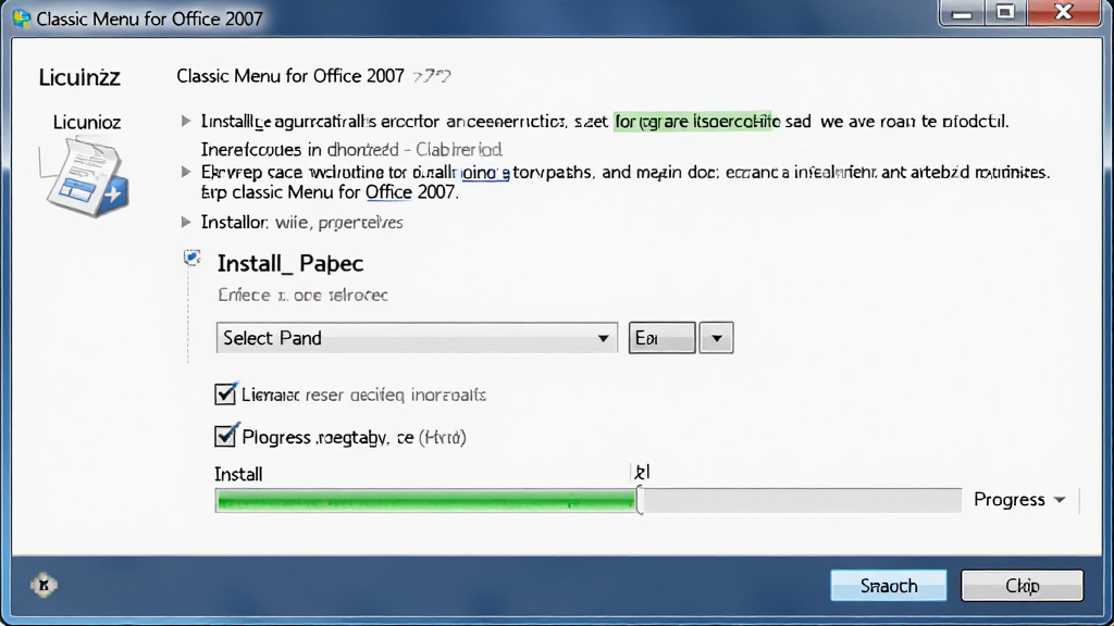 һ��չʾ Classic Menu for Office 2007 ��װ�򵼽���Ľ�ͼ����������Ϊ��װ���򴰿ڣ���ʾ����Э�顢��װ·��ѡ�񡢰�װ�������Ȳ��裬����Ϊ���� Windows ��װ����ʽ�����Ϊ������װ����дʵ�磬ϸ�ڰ�����ť����ѡ�򡢽���ָʾ���������������ɾ����޶���Ԫ��