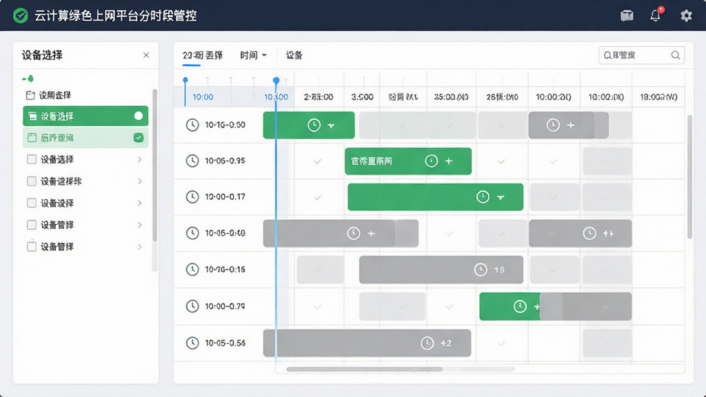 �Ƽ�����ɫ����ƽ̨��ʱ�ιܿ����ý��棬����Ϊʱ�������豸�б���ϵ�������壬�������Ϊ�豸ѡ�������Ҳ�Ϊʱ���������������Ű�����Գƣ����Ϊ��ˬ����磬ϸ�ڰ�����ɫ�ɵ��ʱ�ο顢��ɫ����ʱ�ο顢ʱ��ͼ��ȣ����ʸ��壬����ɾ����޶���Ԫ��