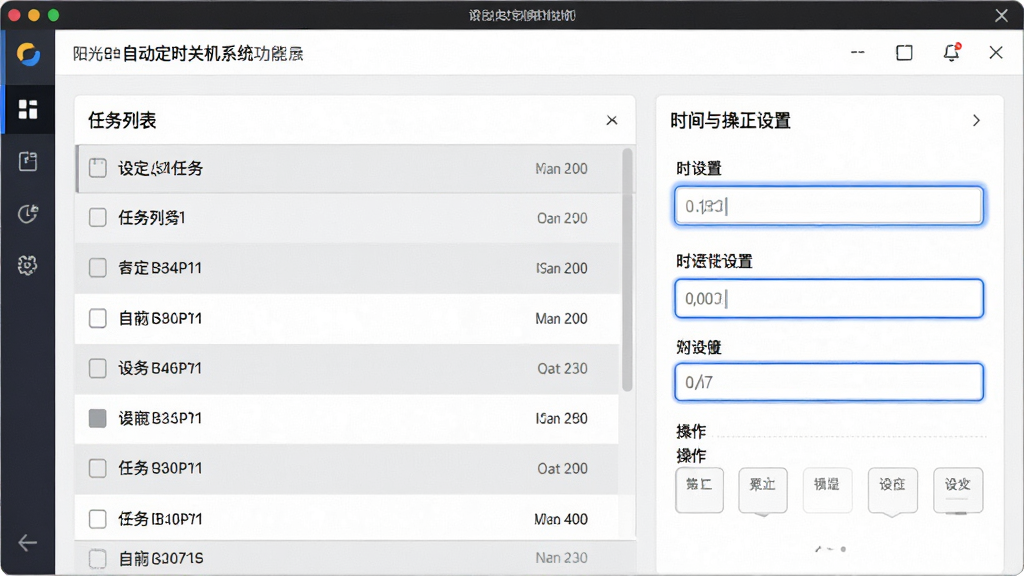 阳光自动定时关机系统功能展示图,主体为软件在设定定时任务时的操作界面,布局上左侧为任务列表区,右侧为时间与操作设置面板,排版采用左右分栏结构,风格为现代简约的办公软件风格,细节上任务列表用浅灰色交替底色区分条目,设置面板中的输入框带有蓝色聚焦边框,画质高清,画面干净,无多余元素