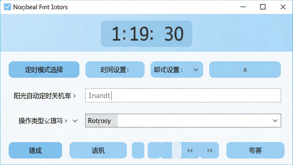 阳光自动定时关机系统软件界面全貌展示,主体为软件主窗口,布局上从上到下依次为当前时间显示区、定时模式选择按钮、时间设置输入框、操作类型下拉菜单以及底部功能按钮栏,排版清晰规整,风格采用简约清爽的扁平化设计,细节上界面配色以浅蓝与白色为主,按钮带有轻微圆角,字体清晰易读,画质高清,画面干净,无多余元素