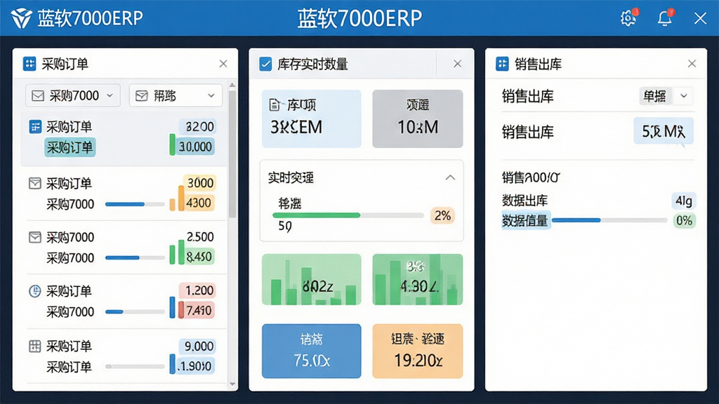 ��������Ϊ����7000ERP���������ģ������ͼ��������ʾ�ɹ������б����м�Ϊ���ʵʱ������壬�Ҳ�Ϊ���۳��ⵥ�ݣ����ֲ�������ʽ��Ϣ�ܹ�������������ͼ�����ֿ�Ƭ���֣��Ű����룬�������ơ�����7000ERP�����ڶ��������������Ϊ��ƽ������UI��ϸ�ڰ���ͼ�ꡢ�����������ݸ��������ʸ��壬����ɾ����޶���Ԫ�ء�