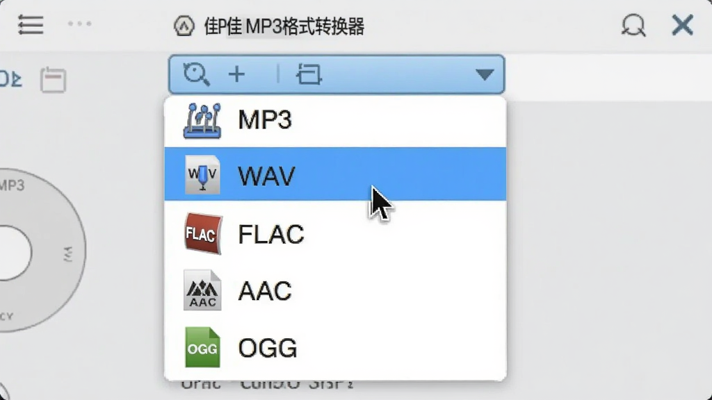 ����չʾ�Ѽ�MP3��ʽת�����ĸ�ʽѡ�������˵����˵�����������MP3��WAV��FLAC��AAC��OGG�ȸ�ʽͼ�꣬����Ϊǳ��ɫ�����������������ϸ�ڰ������ָ����ͣ��MP3ѡ���ϣ����������ɾ��޶���Ԫ��