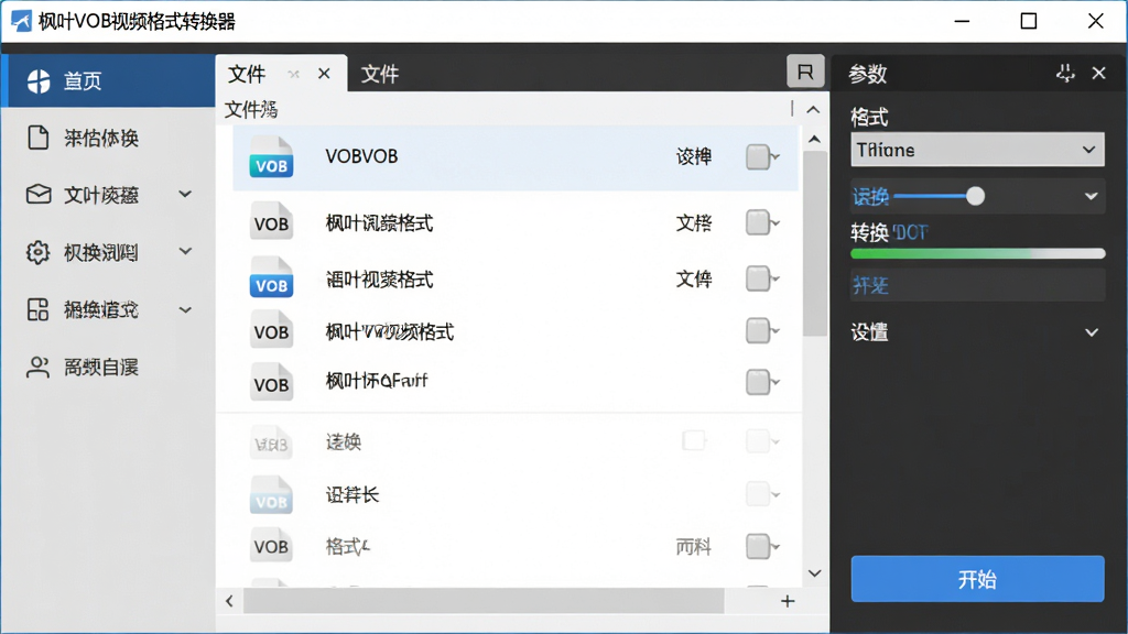 软件名称“枫叶VOB视频格式转换器”主界面全貌,主体为软件窗口,布局为左侧功能导航栏、中部文件列表区、右侧参数设置面板,排版清晰有序,风格为现代简约科技风,细节包括VOB文件图标、格式下拉菜单、转换进度条、开始按钮,画质高清,干净,无多余元素