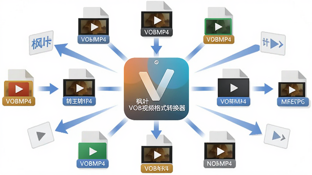 画面中央展示“枫叶VOB视频格式转换器”软件图标与多个视频格式图标环绕,主体突出VOB转MP4的过程,布局为居中放射状,排版简洁,风格为扁平化科技感,细节包括箭头指向、格式标签、文件缩略图,画质高清,干净,无多余元素