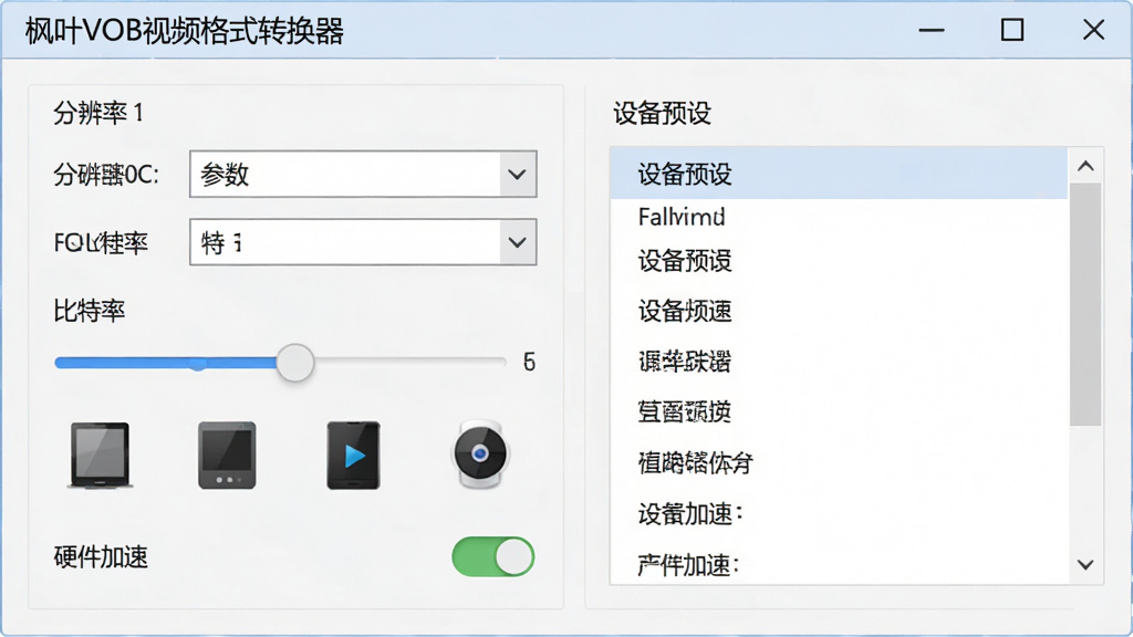 软件名称“枫叶VOB视频格式转换器”输出参数设置面板,主体为参数选项与设备预设列表,布局为左右分栏,排版清晰,风格为浅色商务风,细节包括分辨率下拉框、比特率滑块、设备图标、硬件加速开关,画质高清,干净,无多余元素