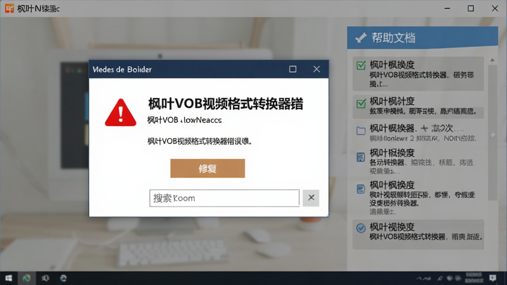 软件名称“枫叶VOB视频格式转换器”错误提示与解决弹窗界面,主体为软件报错窗口和帮助文档,布局为居中弹窗加右侧解决步骤列表,排版清晰,风格为友好提示风,细节包括红色警告图标、修复按钮、搜索框,画质高清,干净,无多余元素