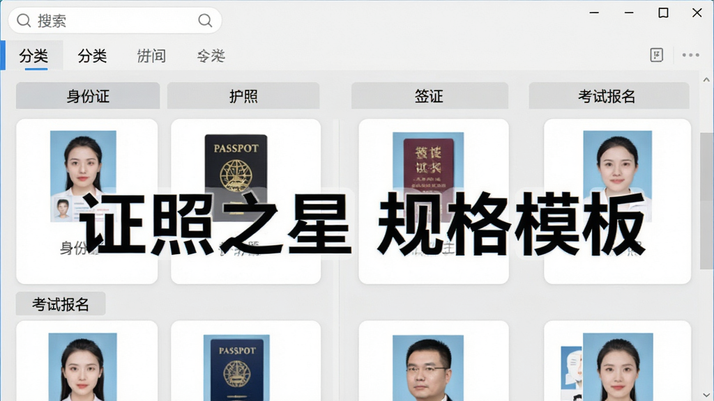 证照之星规格模板库界面,画面展示软件内分类清晰的证件照模板列表,包含“身份证”、“护照”、“签证”、“考试报名”等分类标签,每个模板带有缩略图预览,界面风格为卡片式布局,背景为浅灰色,细节包括搜索框、分类导航栏、模板预览区,画质清晰,文字标注“证照之星 规格模板”,干净整洁无多余元素