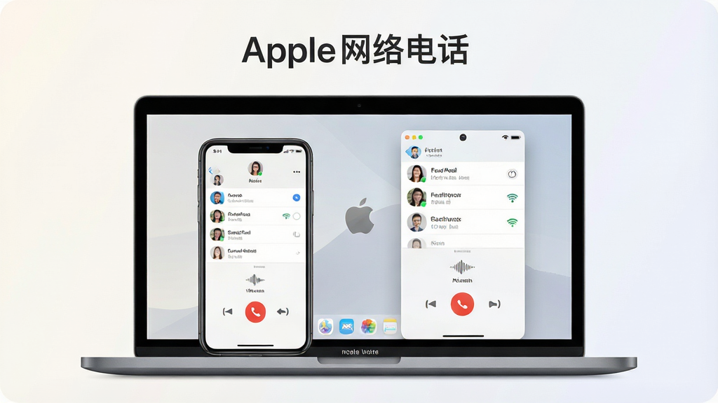 һ��չʾApple����绰��������ĸ���ͼ����������Ϊһ��iPhone�ֻ���һ̨MacBook���Űڷţ���Ļ����ʾ������������ͨ�����棬������ϵ���б���ͨ����ť������Ϊ����ǳɫ���䣬���ֲ��þ��жԳ��Ű棬���ƫ���ִ��Ƽ����뼫�����壬ϸ�������ָ�����������ͼ���������źű�ʶ�����廭�ʸɾ��������޶���Ԫ�أ�ͼƬ�пɴ��С�Apple����绰�����ֱ�ʶ
