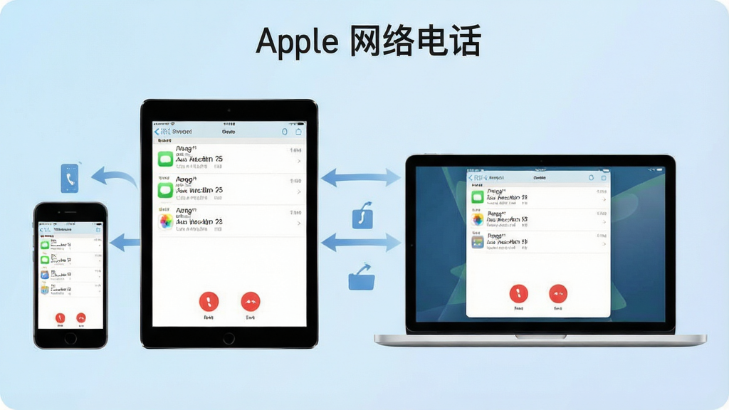 һ��չʾ���豸Эͬ�����ĸ���ͼ�������а���iPhone��iPad��MacBook�����豸�����ǲ��֣���Ļ�ֱ���ʾͬһͨ����¼�Ĳ�ͬ��ͼ������Ϊ��͵�ǳ��ɫ���䣬���Ϊ��ƽ���Ƽ��廭��ϸ���������豸���ͬ����ͷ�빲��ͼ�꣬���������ɾ���ͼƬ�б�ע��Apple����绰�����֣�����������Ԫ��