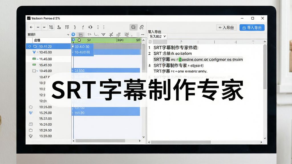 一张展示SRT字幕制作专家软件界面的图片,主体为电脑屏幕上打开的字幕编辑窗口,布局为左侧时间轴列表、右侧字幕文本编辑区,排版整齐清晰,风格为现代简约科技风,细节包括蓝色高亮的字幕时间码、字幕文本行、导入导出按钮,画面中文字标注“SRT字幕制作专家”,画质清晰,干净,无多余元素