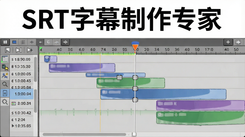 一张展示SRT字幕制作专家时间轴调整功能的图片,主体为软件的时间轴编辑面板,布局为水平时间刻度与字幕块对应排列,排版为上下分层结构,风格为专业工具界面风格,细节包括时间码数字、字幕块拖拽手柄、播放指针,画面中文字标注“SRT字幕制作专家”,画质清晰,干净,无多余元素