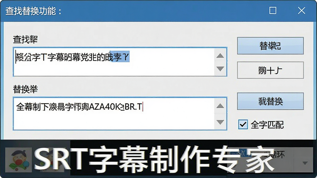 一张展示SRT字幕制作专家批量替换功能的图片,主体为软件的查找替换对话框,布局为上方查找框、下方替换框、右侧选项按钮,排版为纵向排列,风格为简洁实用风格,细节包括输入框内的文字内容、替换按钮、全字匹配勾选框,画面中文字标注“SRT字幕制作专家”,画质清晰,干净,无多余元素