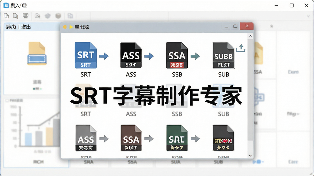 一张展示SRT字幕制作专家多格式导入导出功能的图片,主体为软件的文件导入导出对话框,布局为中央弹窗显示多种字幕格式图标排列,排版为图标网格形式,风格为扁平化设计,细节包括SRT、ASS、SSA、SUB等格式标识和导入导出箭头,画面中文字标注“SRT字幕制作专家”,画质清晰,干净,无多余元素