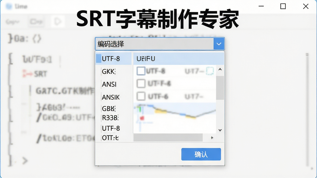 一张展示SRT字幕制作专家编码转换功能的图片,主体为软件的编码选择下拉菜单,布局为中央设置面板,排版为列表式选项,风格为清爽工具界面,细节包括UTF-8、GBK、ANSI等编码选项和确认按钮,画面中文字标注“SRT字幕制作专家”,画质清晰,干净,无多余元素