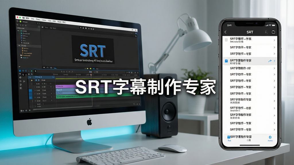 一张展示SRT字幕制作专家在电脑和手机上同步使用的图片,主体为左侧电脑屏幕显示字幕编辑界面、右侧手机屏幕显示移动端字幕列表,布局为左右对比排列,排版为并排展示,风格为现代科技感,细节包括电脑端时间轴面板和手机端字幕条目列表,画面中文字标注“SRT字幕制作专家”,画质清晰,干净,无多余元素