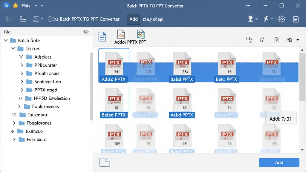 һ��չʾ Batch PPTX TO PPT Converter ���������ļ����ܵ�ͼƬ������Ϊ���������е��ļ��б�������Ϊ����ļ������νṹ���Ҳ���ʾ�����ӵĶ��PPTX�ļ����Ű����룬���Ϊ��ˬ����磬ϸ�ڰ�����ɫѡ��״̬���ļ�����ͳ�ơ����Ӱ�ť�������������ɾ����޶���Ԫ��