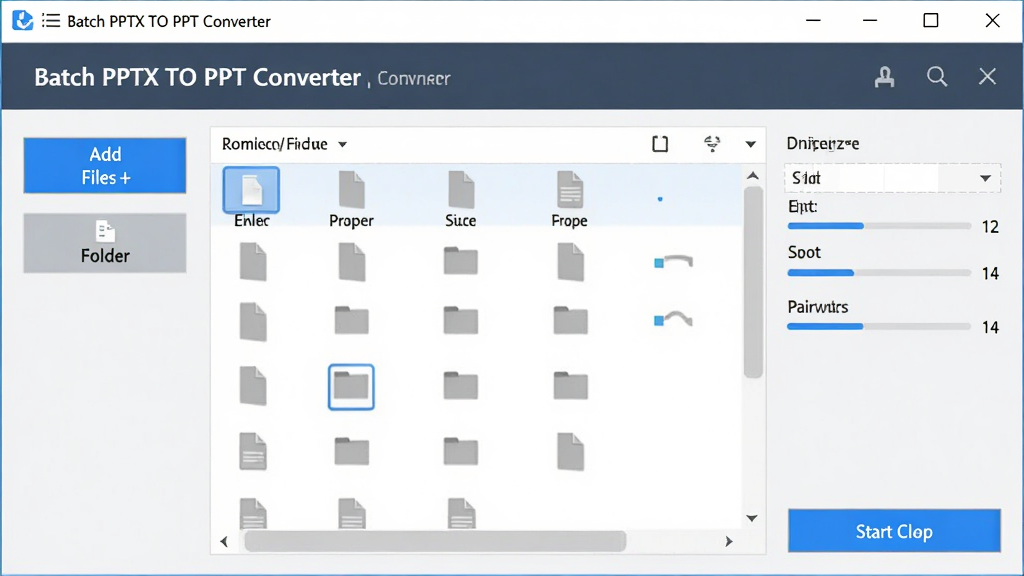 һ��չʾ Batch PPTX TO PPT Converter ���������ͼƬ������Ϊ���������ڣ������������ļ��б��������Ϊ�����ļ����ļ��а�ť���Ҳ�Ϊ��������뿪ʼת����ť���Ű��������࣬���Ϊ�ִ���Լ�칫�������ϸ�ڰ�����ɫ������ť���ļ�ͼ�ꡢ�����������ʸ��壬�ɾ����޶���Ԫ��