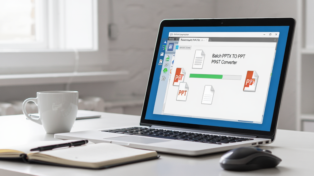 һ��չʾ�û��ڵ���ǰʹ�� Batch PPTX TO PPT Converter ����ת��PPT�ļ��ĳ���ͼƬ������Ϊ�칫���ϵıʼǱ�������Ļ��ʾ�������棬����Ϊ�����ӽǣ��Ű���Ȼ�����Ϊдʵ�칫�磬ϸ�ڰ������ȱ����ʼǱ�����ꡢ��Ļ�ϵĽ����������ʸ��壬�ɾ����޶���Ԫ��