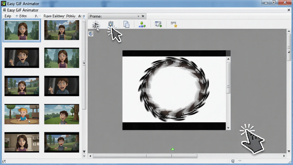 һ�����������ͼ���Ļ��棬չʾ Easy GIF Animator ��֡�༭��壬����������Ŷ��Ų�ͬ����֡������ͼ����Ļ������һ������Ԥ����ѭ������������ɾ����࣬��Χ�й������ʾ�⣬���ƫ��Ƽ��������Խ�ϣ�����������������Ԫ��