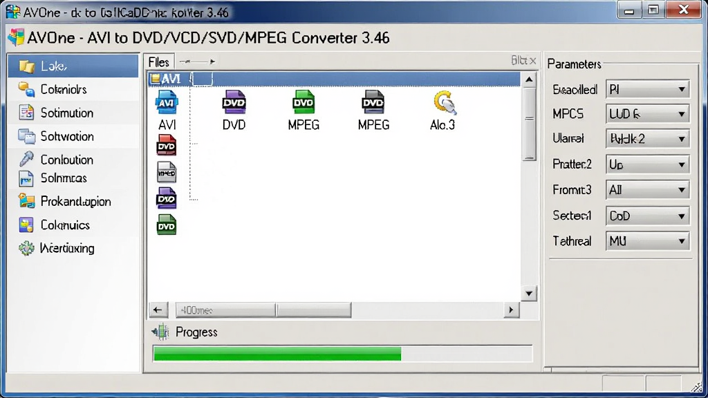 ����������չʾ������ΪAVOne - AVI to DVD/VCD/SVCD/MPEG Converter 3.46 �������ڣ���������Ϊ�ļ��б�����ת�������������Ϊ���ܵ��������Ҳ�Ϊ����������壬�Ű��������룬���Ϊ����Windows�����������棬ϸ�ڰ���AVI��DVD��MPEG�ȸ�ʽͼ�꣬�����������ɾ����޶���Ԫ��