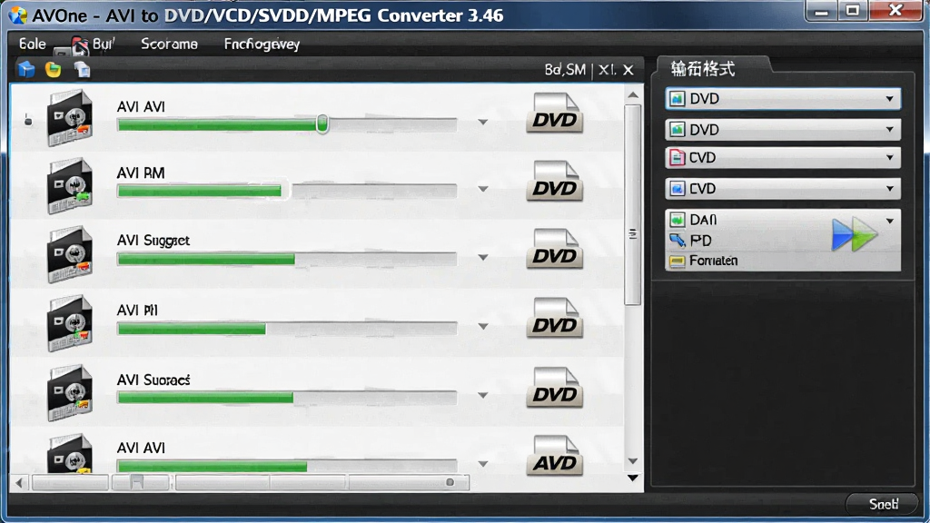 AVOne - AVI to DVD/VCD/SVCD/MPEG Converter 3.46 ����ת������չʾ������Ϊ���������ж��AVI�ļ��Ŷӵȴ�ת��������Ϊ�ļ��б��������У��Ҳ���ʾ�����ʽѡ��ΪDVD���Ű����룬���Ϊ�Ƽ���������ͼ��ϸ�ڰ�������������ʽͼ�ꡢ�ļ�����ͼ�������������ɾ����޶���Ԫ��