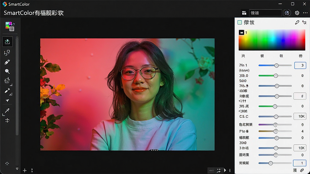 一张展示SmartColor有福靓彩软件界面的全景图,主体是软件操作窗口,布局为左侧工具栏、中央图像预览区、右侧色彩参数调节面板,排版清晰直观。风格为现代科技感UI设计,细节包括图像色彩鲜艳、对比度分明、面板文字清晰,画质高清,干净无多余元素