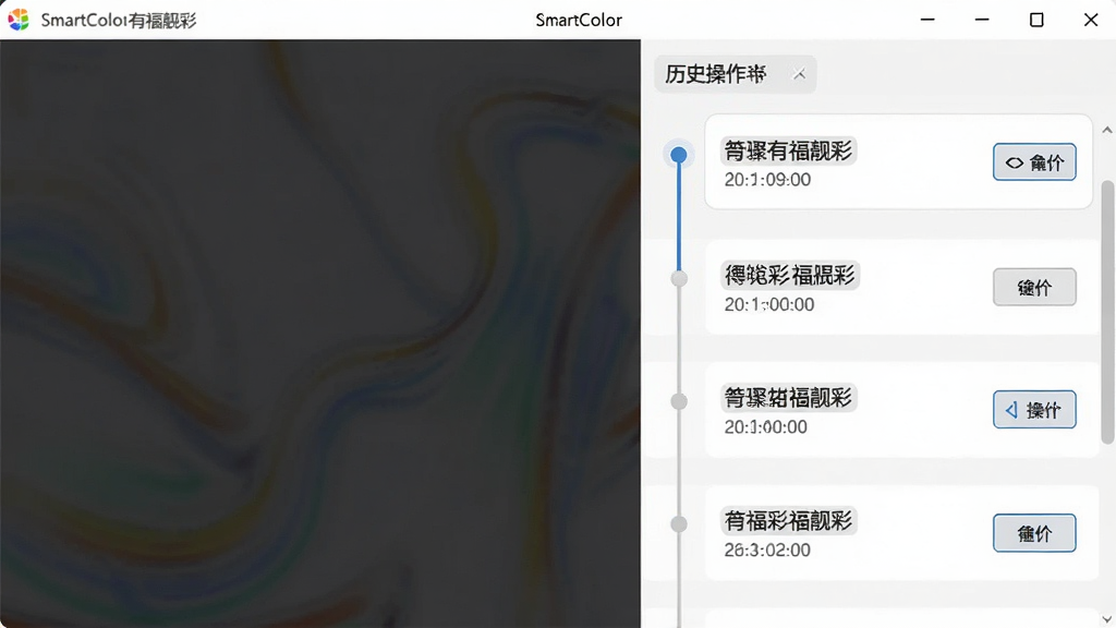 一张展示SmartColor有福靓彩历史记录面板的图片,主体是软件界面右侧的历史操作步骤列表,布局为时间线式排列,排版清晰。风格为简洁工具界面风格,细节包括步骤名称、时间戳、撤销按钮,画质清晰,干净无多余元素