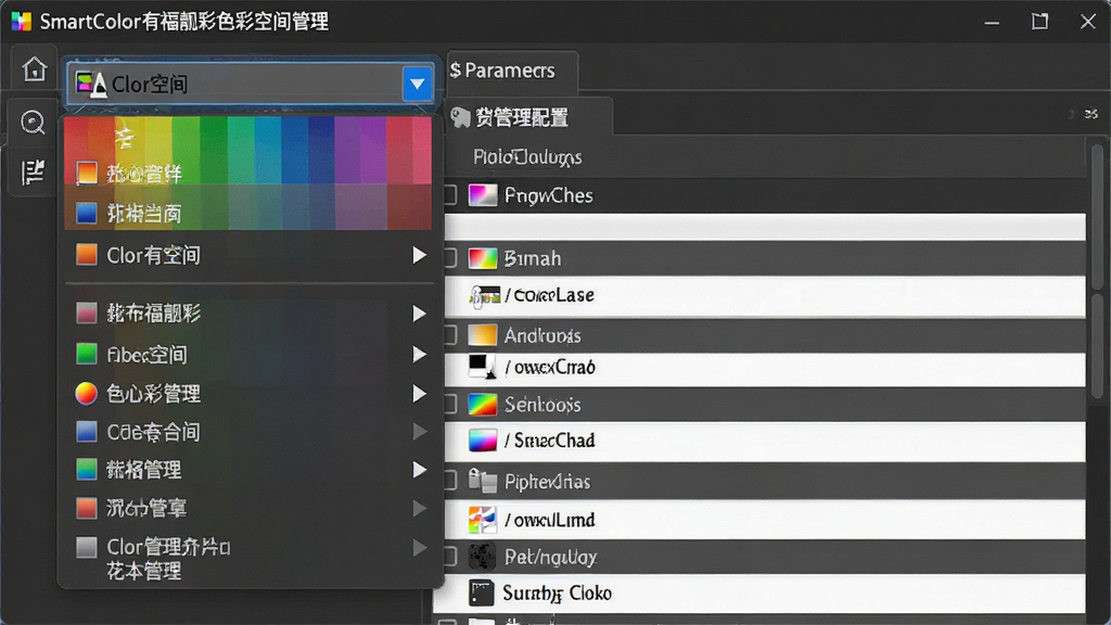一张展示SmartColor有福靓彩色彩空间管理界面的图片,主体是色彩空间选择下拉菜单和色彩管理配置文件列表,布局为软件参数设置面板特写,排版整齐。风格为专业软件界面风格,细节包括菜单文字清晰、色彩图标鲜明,画质高清,干净无多余元素