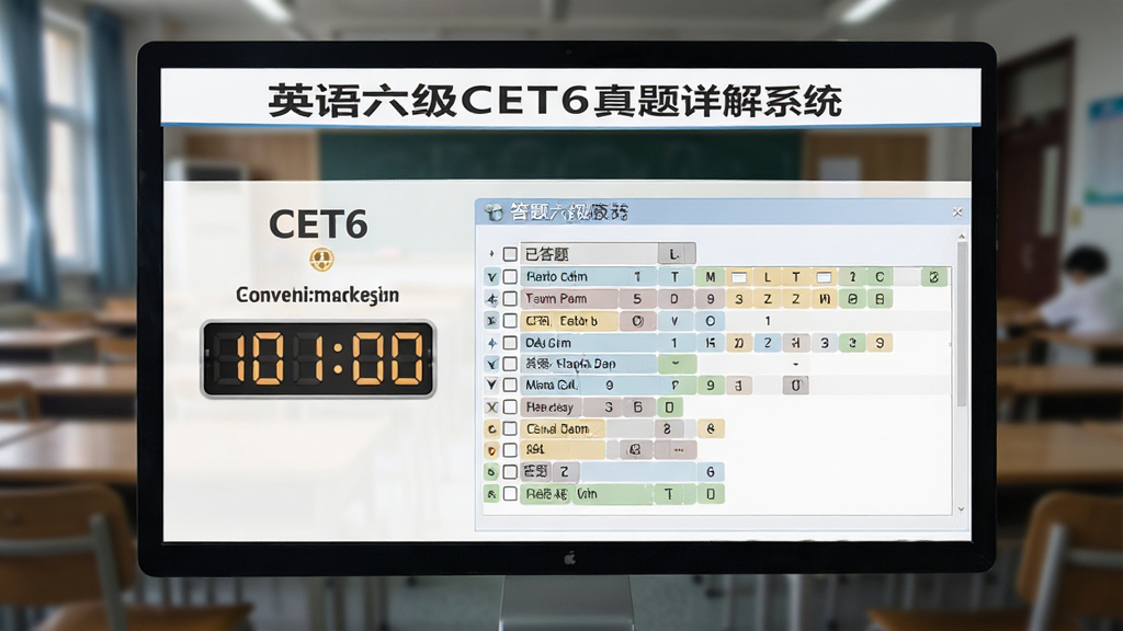 Ӣ������CET6�������ϵͳģ�⿼�Խ��棬����չʾ���Ե���ʱ����⿨����Ļ�Ϸ��С�Ӣ������CET6�������ϵͳ����ʶ�����⿨��ʾ�Ѵ�����δ����Ĳ�ͬ��ɫ��ǣ�����Ϊ�����Ŀ��������黯������������רҵ�����ʸ��壬�����������޶���Ԫ��