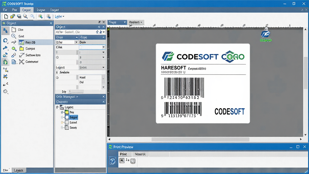 һ��רҵ����������չʾͼ������������CODESOFT�����ǩ��������Ĺ������棬���Ϊ�������Ͷ�����壬�Ҳ�Ϊ��ǩ��ƻ�����������չʾ��һ�����������롢���ֺ͹�˾logo��������ǩģ�壬����ײ��д�ӡԤ�����ڣ����岼��������������ɫ�ͻ�ɫΪ��ɫ�������Ϊ����Ƽ��磬ϸ�ڰ����˵�����������塢ͼ������������ʸ��壬����ɾ����޶���Ԫ��