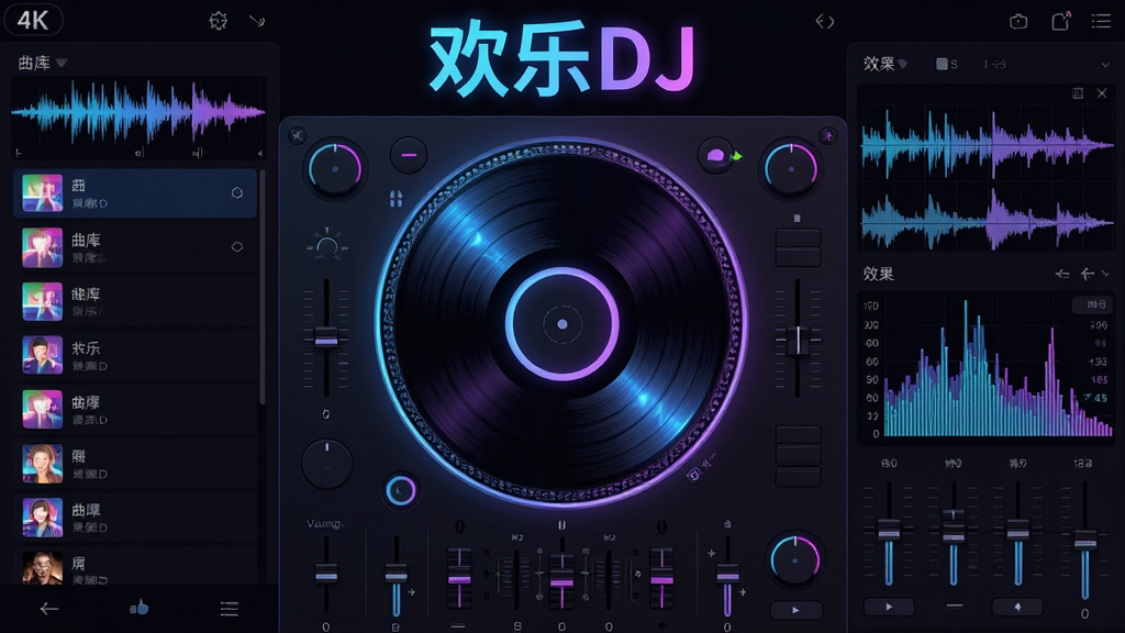 欢乐DJ软件主界面全景展示,主体为中央圆形打碟盘与两侧波形图,布局采用左右对称结构,排版清晰展示曲库列表与效果器面板,风格为现代科技感深色主题搭配霓虹蓝紫光效,细节包括旋转唱片、音量推子、均衡器滑块与动态频谱,画质为高清4K渲染,干净无多余元素,画面中标注文字
