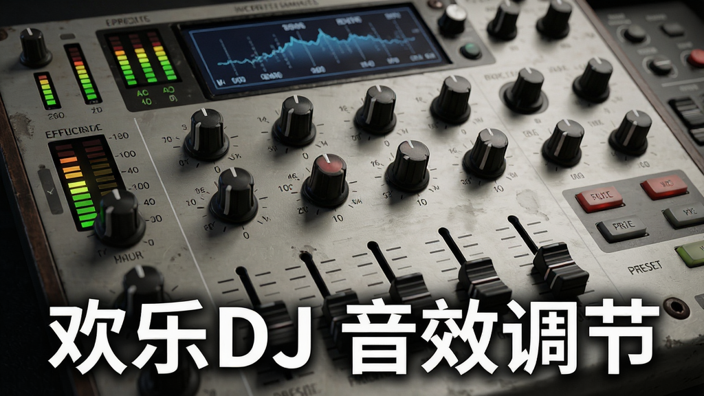 欢乐DJ实时音效调节面板特写,主体为多组旋钮与推子控制台,布局采用模块化分区排列,排版突出均衡器频段与效果强度指示,风格为复古模拟硬件质感与数字显示结合,细节包含LED电平表、旋钮刻度与预设按钮,画质为高清写实渲染,干净无多余元素,画面中标注文字