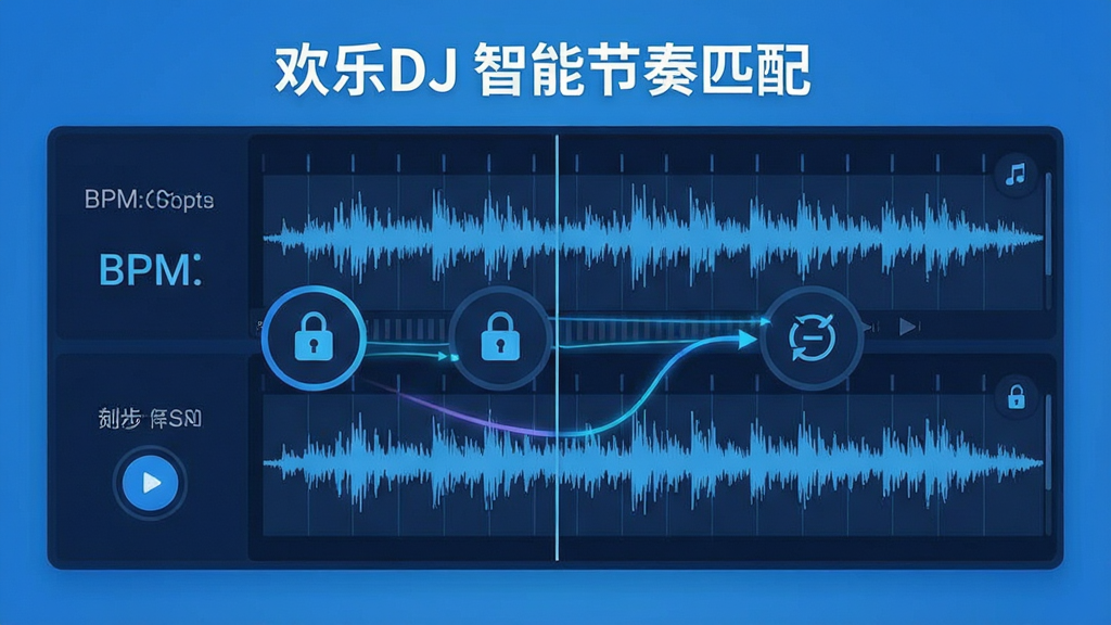 欢乐DJ智能节奏匹配功能展示图,主体为两首歌曲波形图自动对齐的界面,布局为上下分栏结构,排版展示BPM数值与同步按钮,风格为扁平化科技蓝调,细节包括节拍网格线、同步锁定图标与动态连接线,画质为超清矢量渲染,干净无多余元素,画面中标注文字