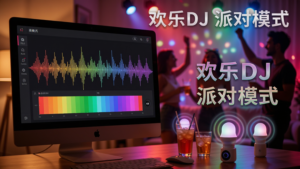 欢乐DJ派对灯光联动场景图,主体为软件界面与智能灯泡同步闪烁的居家派对画面,布局为前景电脑屏幕与背景彩色灯光,排版展示音乐波形与灯光色彩映射关系,风格为温馨动感夜店风,细节包括人物剪影、饮料杯与节奏光晕,画质为高清摄影级渲染,干净无多余元素,画面中标注文字